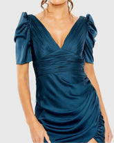 Blue V Neck Short Sleeve Satin Faux Wrap Dress